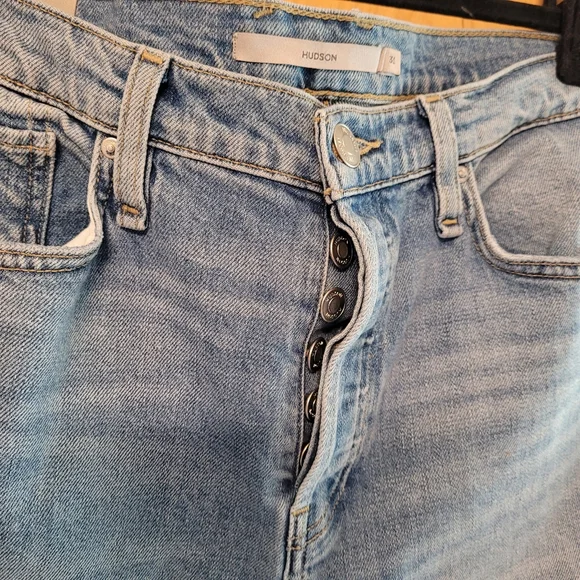 NEW Hudson Faye Jeans | Ultra High Rise Flare | Two-Tone Distressed Denim Sz 31 - Picture 10 of 16